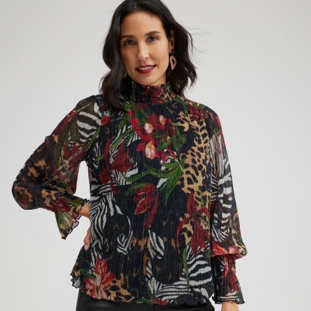 Chico's Leopard Zebra Floral Print Mock Neck Metallic Crinkle Top 0/S